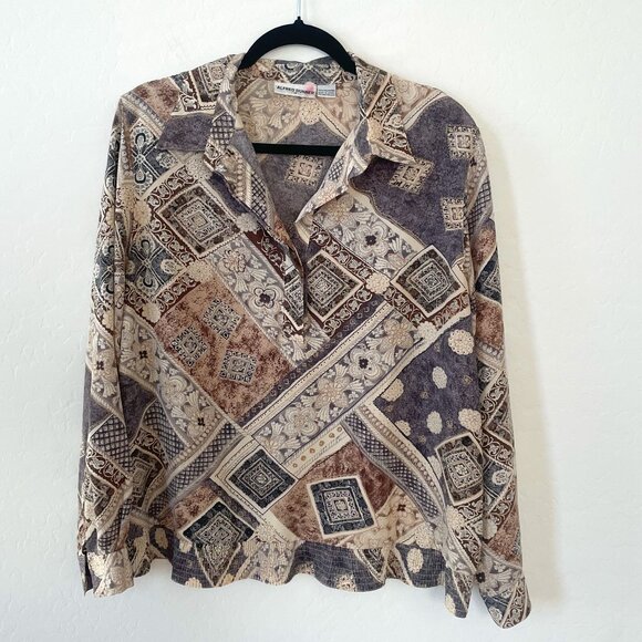 Vintage Abstract Geo Geometric Long Sleeve Hipster Hippie Boho Collared Blouse - Picture 1 of 4